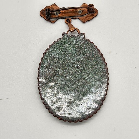 Large Copper Enamel Brooch Pin Bar Medal Medallion Shape w Glass Frit w Box VTG - Picture 5 of 5